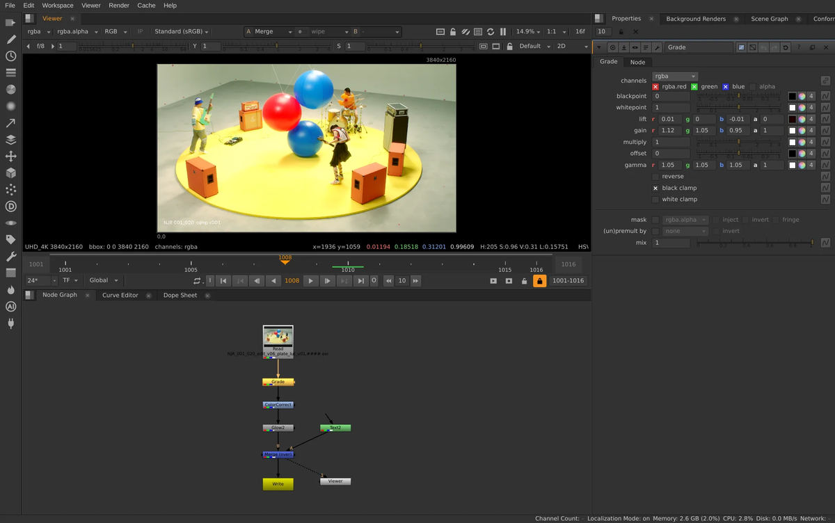 The compositor: node graph, Viewer with an NJR plate, timeline and Grade properties