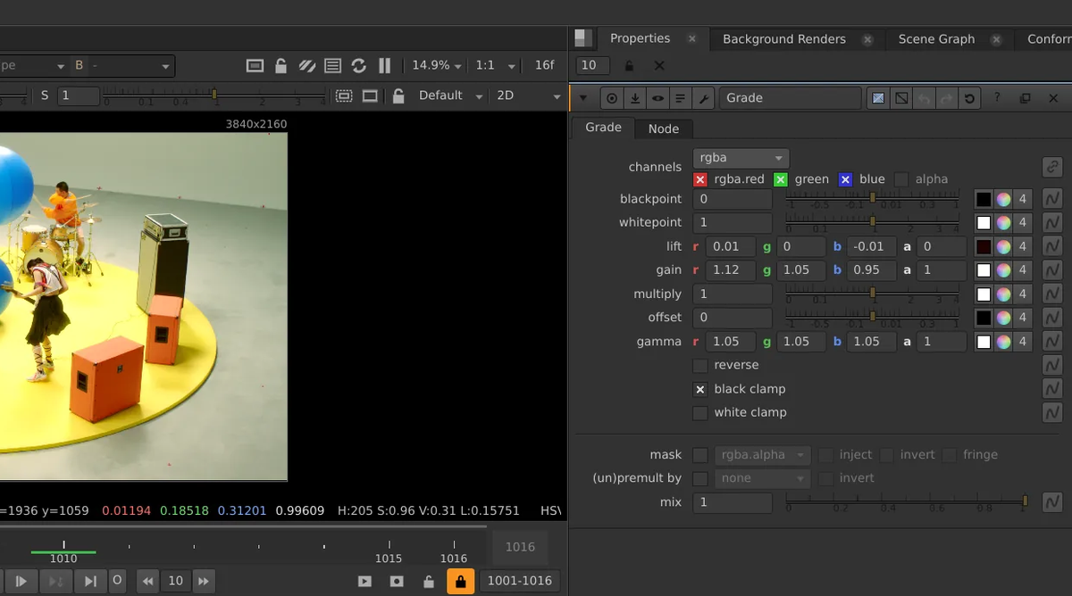 Nuke-style properties: a Grade node's knobs next to the Viewer and node graph